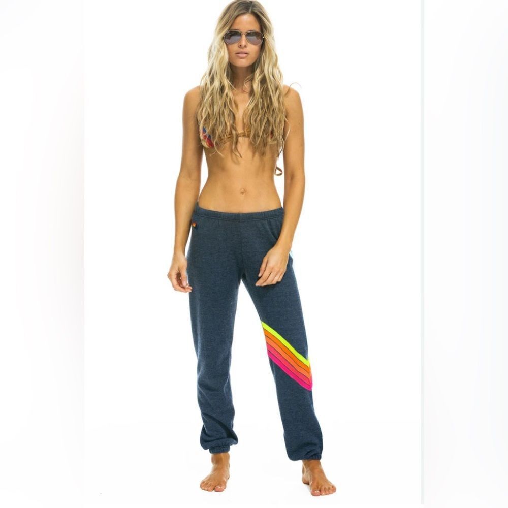 Aviator Nation Grey/blue Neon Chevron Striped Sweatpants